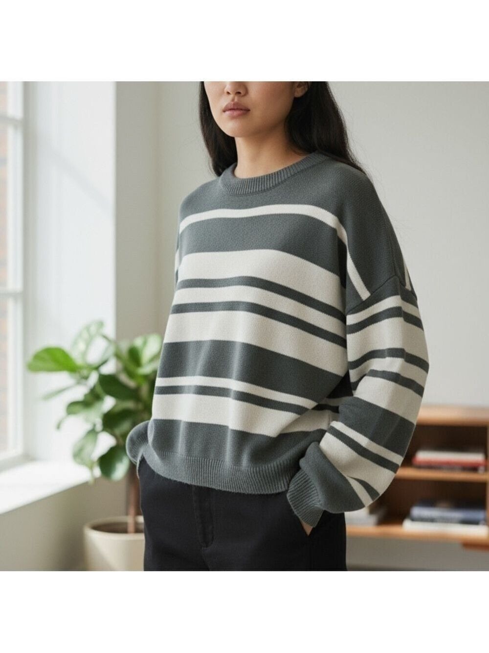 Saturday Sunday NWT Woman’s Striped Knit Sweater Ribbed Cuff Green/Cream Size XL